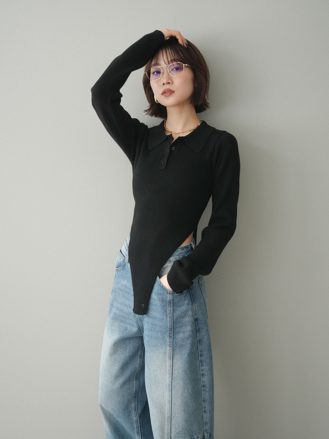 [予約]リブポロニットボディスーツ/black