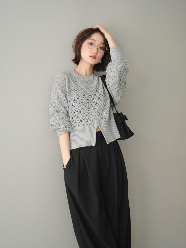 [予約]透かし編みフロントジップスリットニットプルオーバー/gray