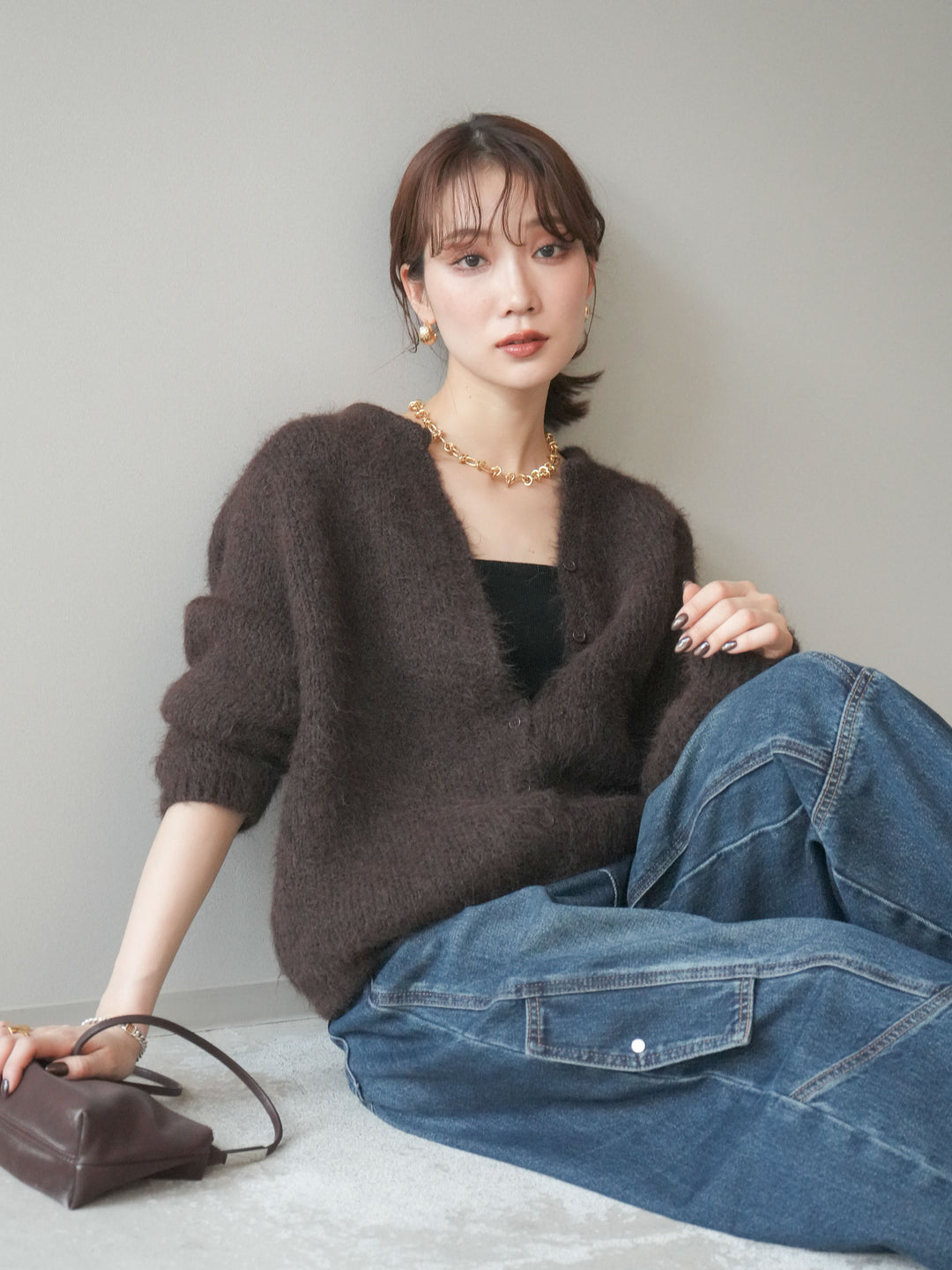 [予約]キーネックシャギーニットカーディガン/brown