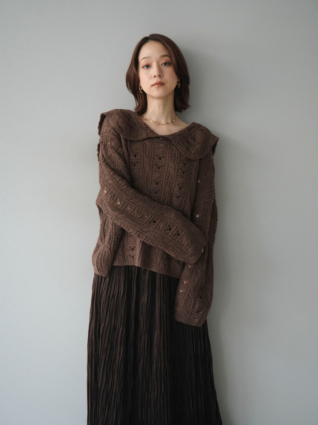 [予約]透かし編みセーラーニットプルオーバー/brown