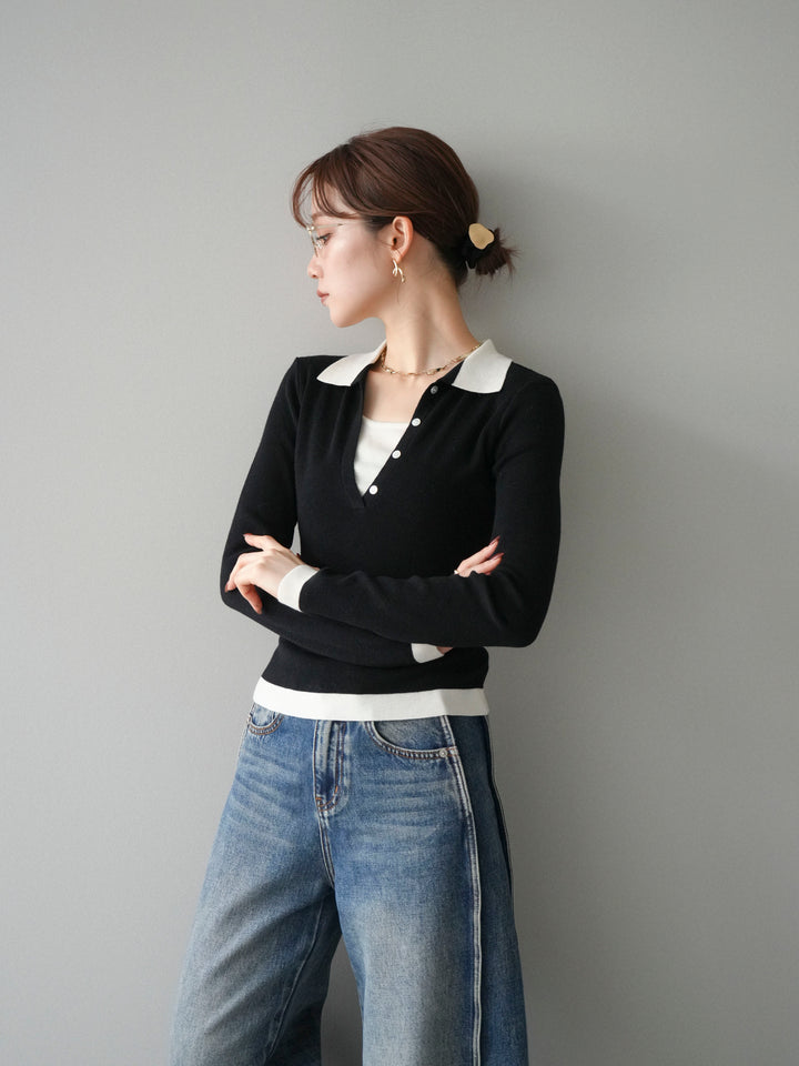 [予約]レイヤード配色ポロニットトップス/black