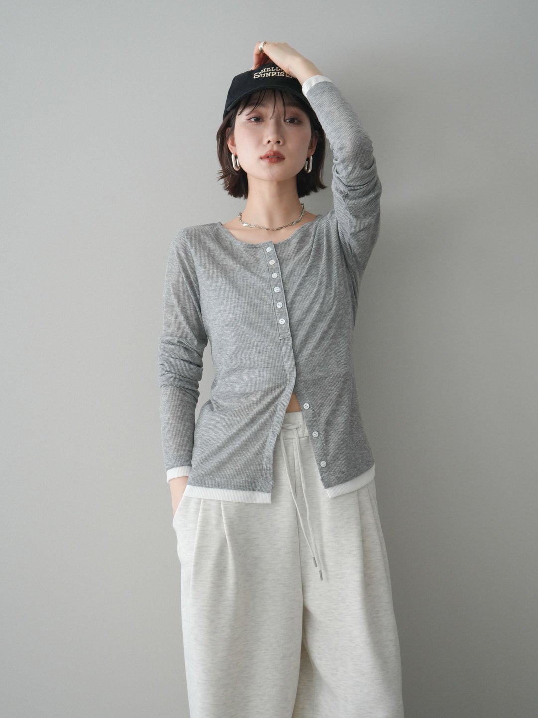 [予約]シアーリブバイカラーカーディガン/gray