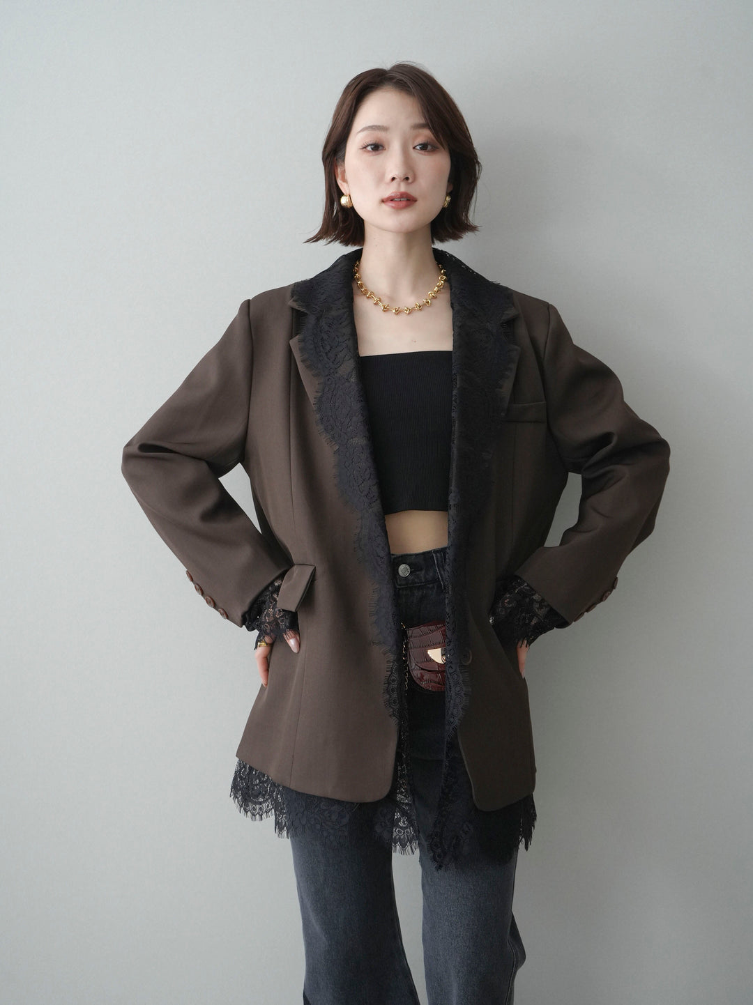 [予約]レースドッキングオーバージャケット/brown