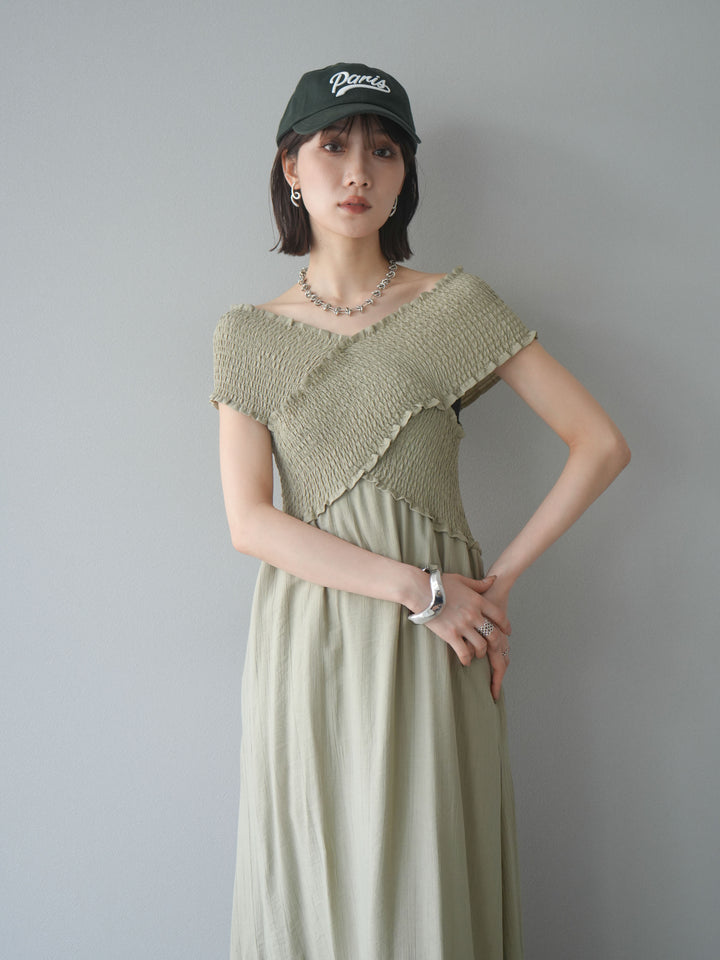 [予約]シャーリングクロスワンピース/グレージュ