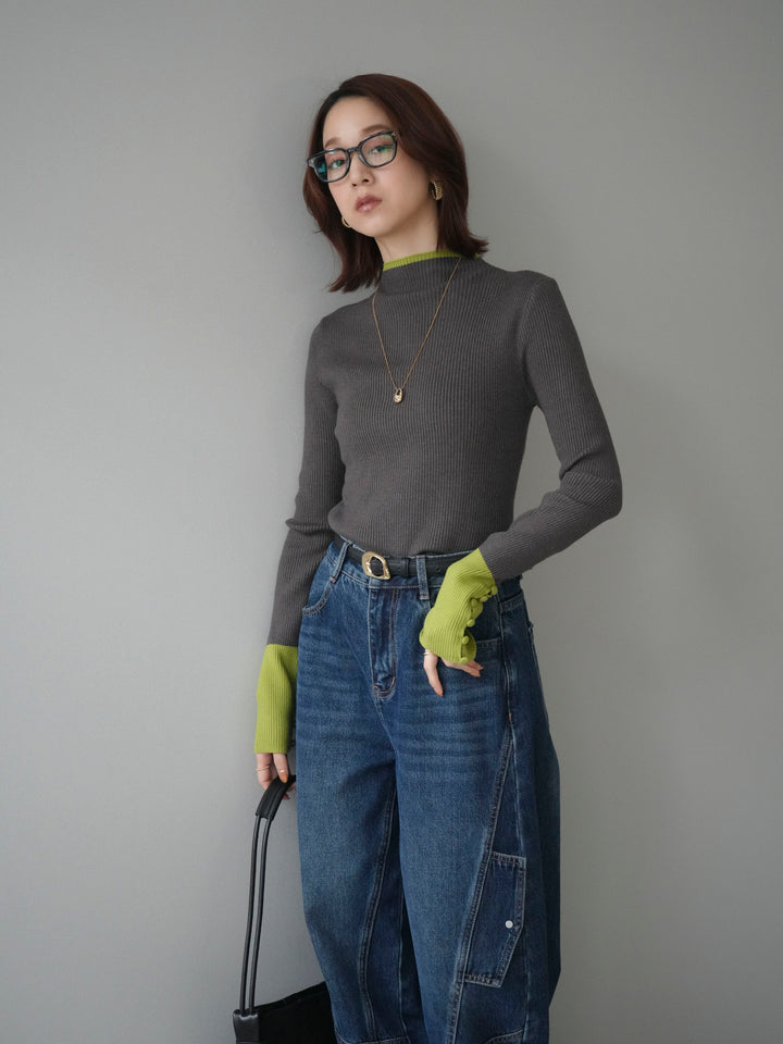 [SET]袖ボタンハイネック配色リブニットトップス+選べるアクセセット(2set)