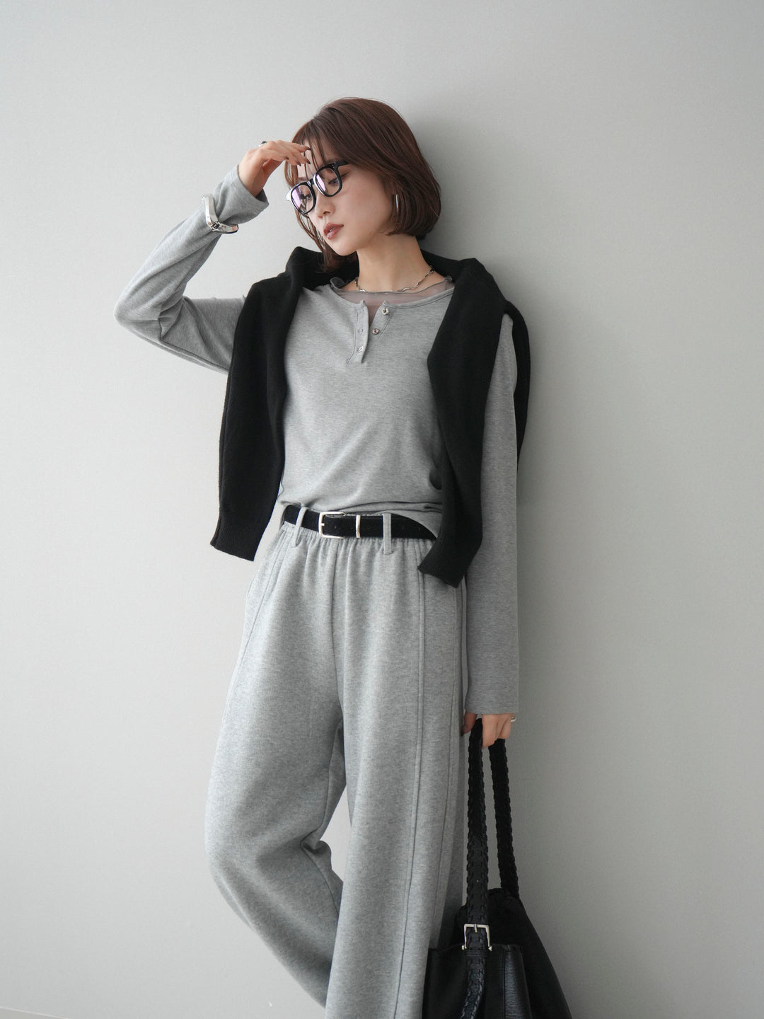 [予約]チュールレイヤードヘンリーネックカットソー/gray