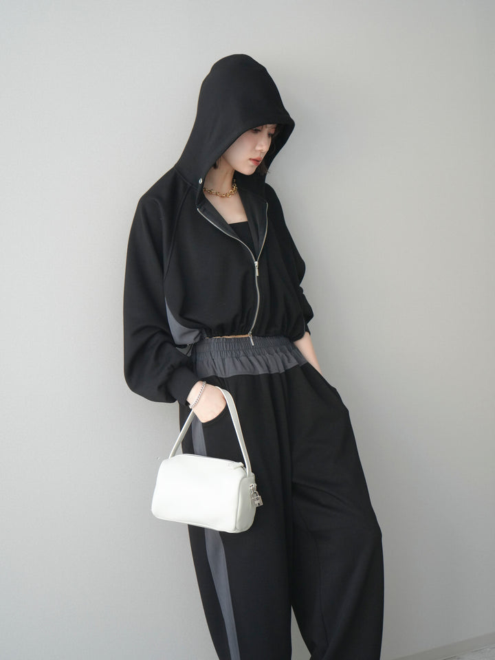 [SET]バイカラー異素材ライトポンチクロップドZIPフーディー+バイカラー異素材サイドラインライトポンチパンツ(2set)