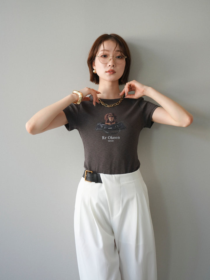 【套裝】狗狗緊身T卹+不對稱皮帶束口寬褲（兩件套）