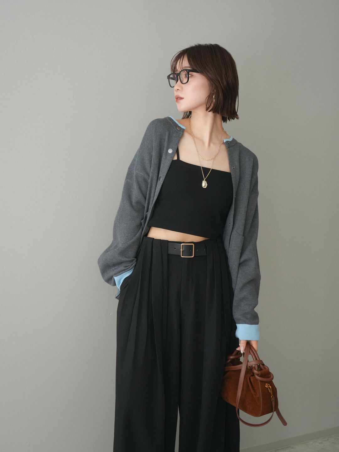 [SET]バイカラーオーバーニットカーディガン+タックベルトループワイドパンツ(2set)