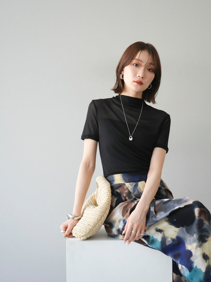 [SET] 透視半袖上衣 + 水彩印花褶襉I字裙 (2set)