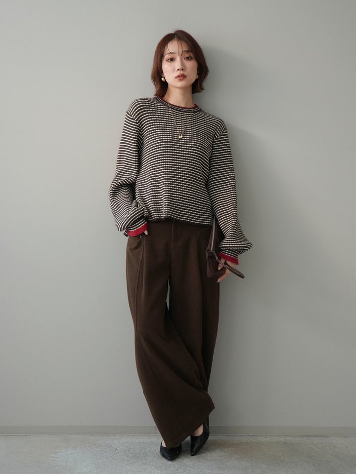 [予約]ラメ異素材ボーダーリブニットプルオーバー/brown×red