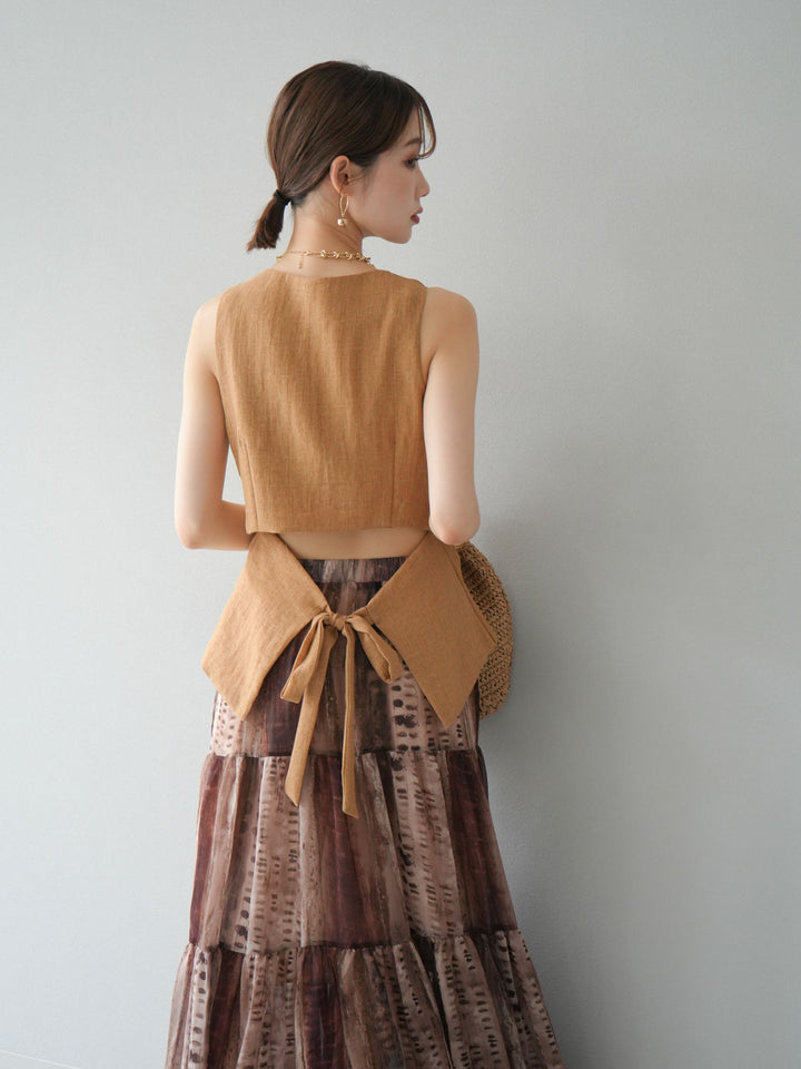 [SET]リネンタッチバックオープンベスト＆ニュアンス柄マキシスカートSET UP(2set)