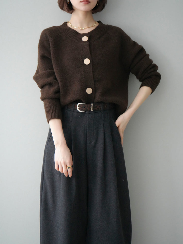 [SET]BIGボタンニットカーディガン+アニマル柄ベルト付きウールタッチワイドパンツ(2set)