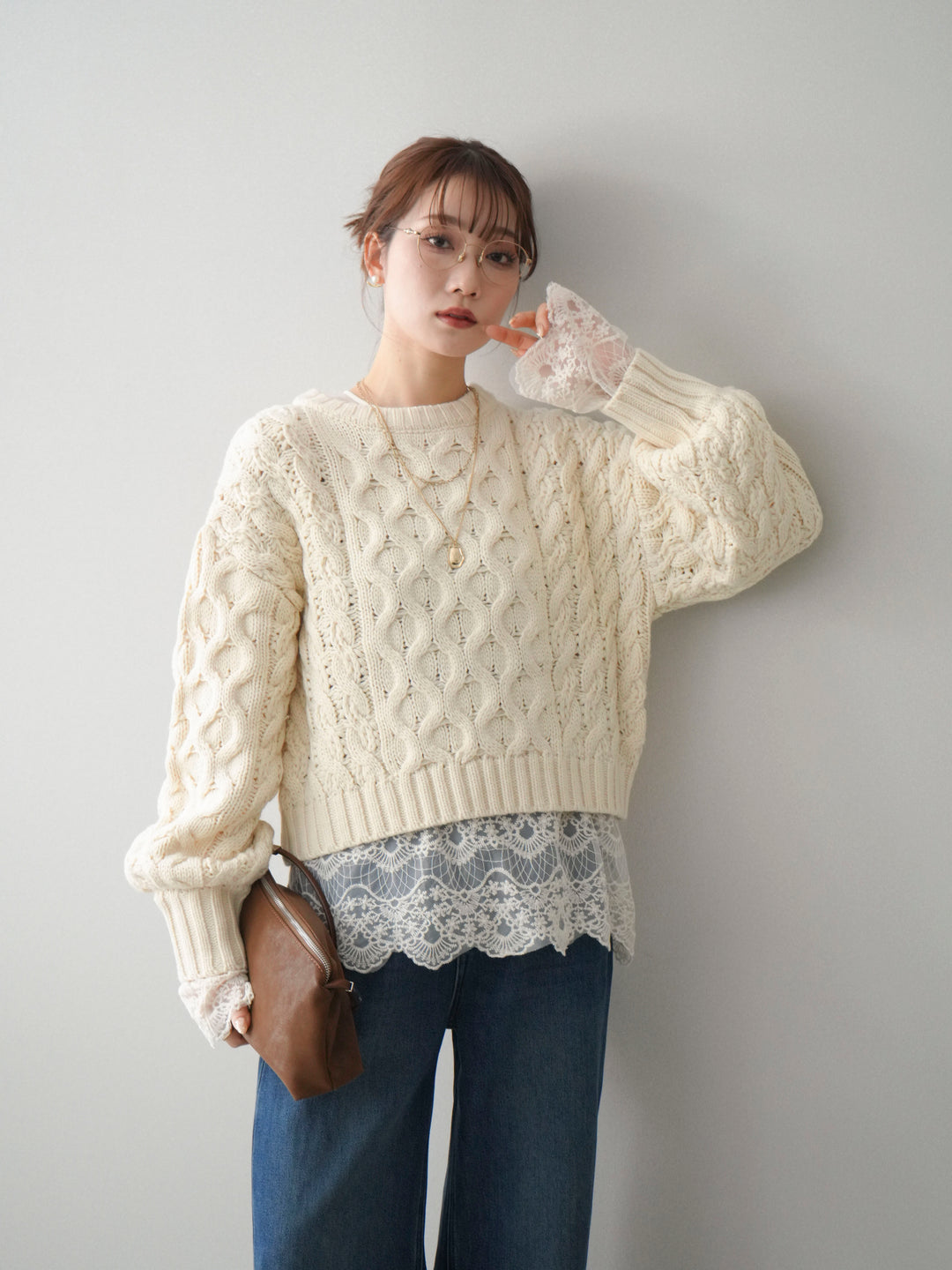 [SET]バルキーケーブルクロップドニットプルオーバー+チュールレーストップス(2set)
