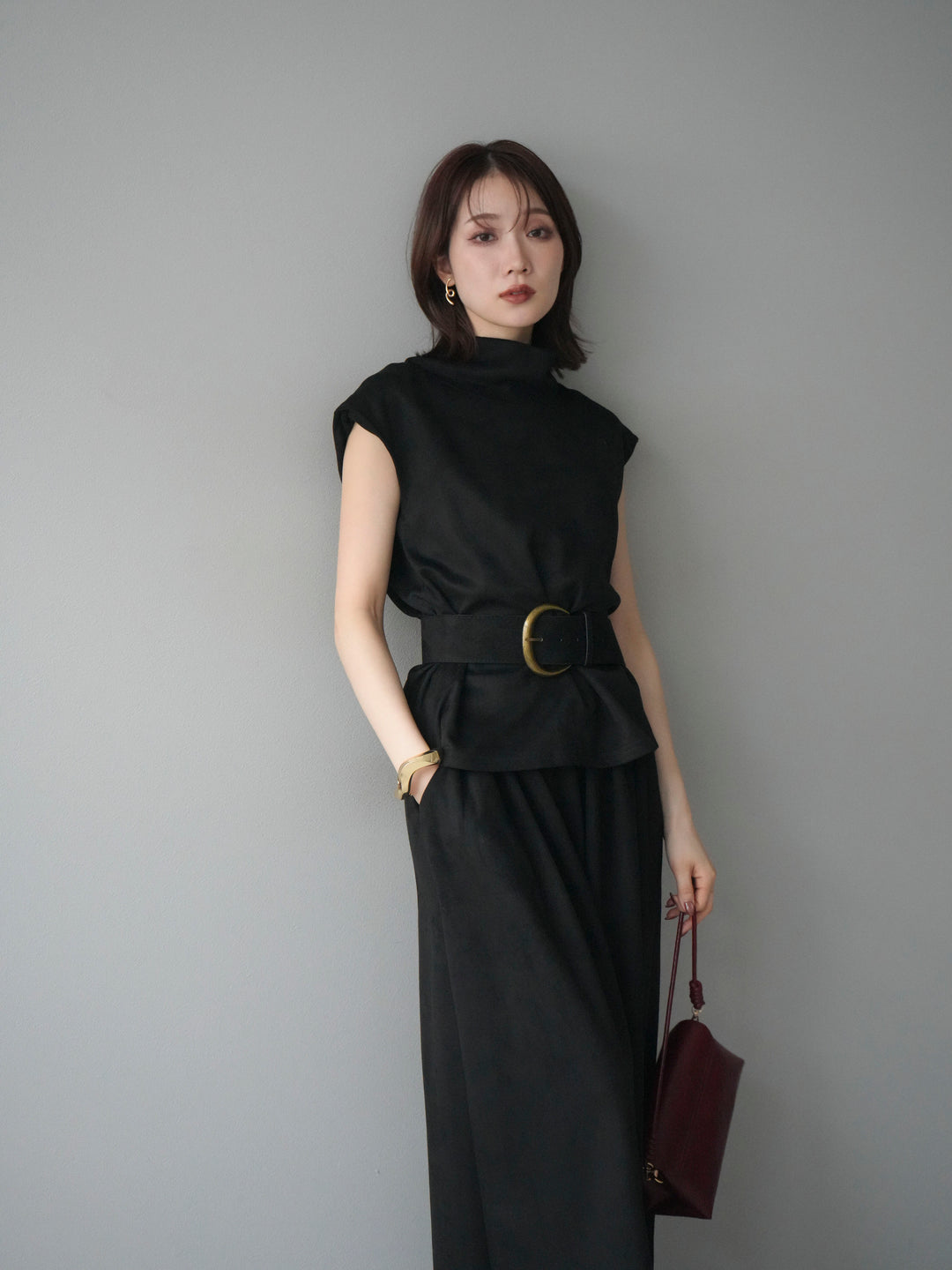 [SET]ベルト付スエードハイネックプルオーバー＆ワイドパンツSET UP