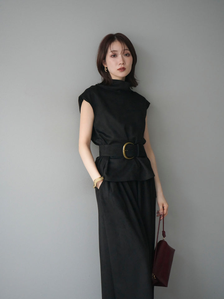 [SET]ベルト付スエードハイネックプルオーバー＆ワイドパンツSET UP