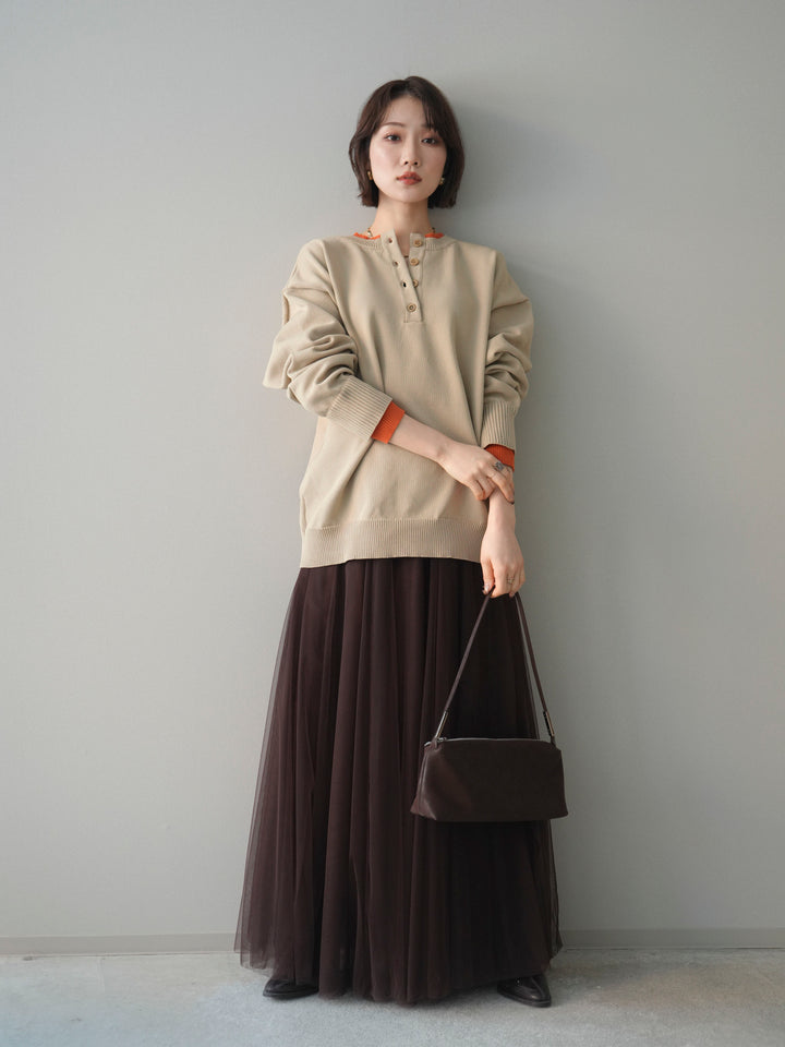 [予約]2WAYネック配色レイヤードニットプルオーバー/beige