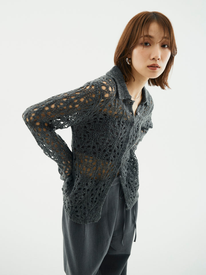 【Allure】[SET]ローゲージ透かし編みポロニッカーディガン+ローゲージ透かし編みポロニッカーディガン(2set)