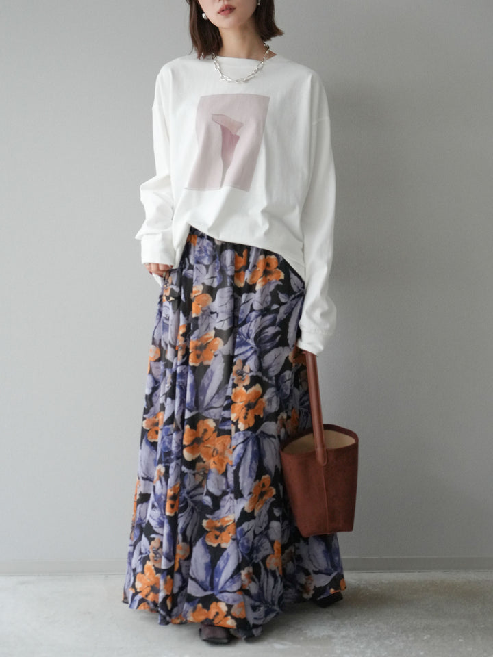 [予約]フラワープリントボリュームフレアスカート/ブラック