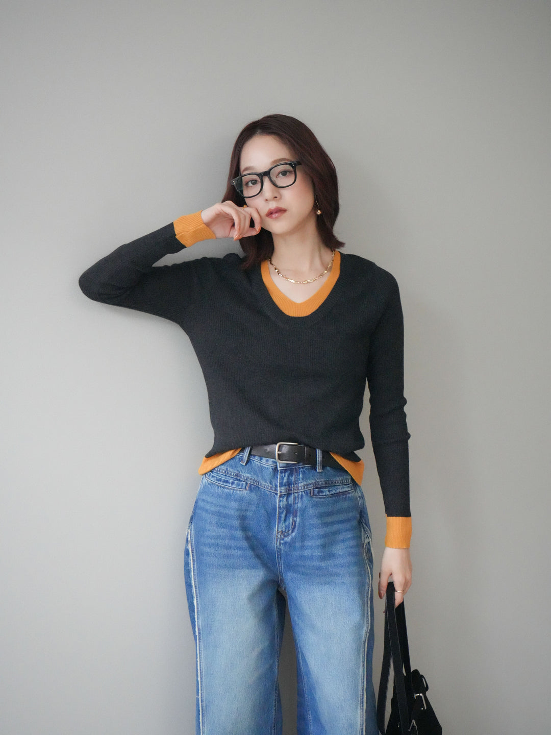 [SET]Uネック配色レイヤードリブニットトップス+サイドフリンジワイドデニムパンツ(2set)