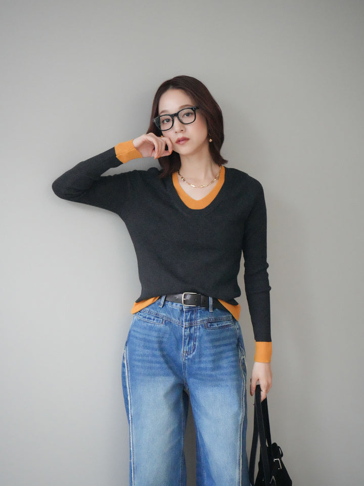 [SET]Uネック配色レイヤードリブニットトップス+サイドフリンジワイドデニムパンツ(2set)