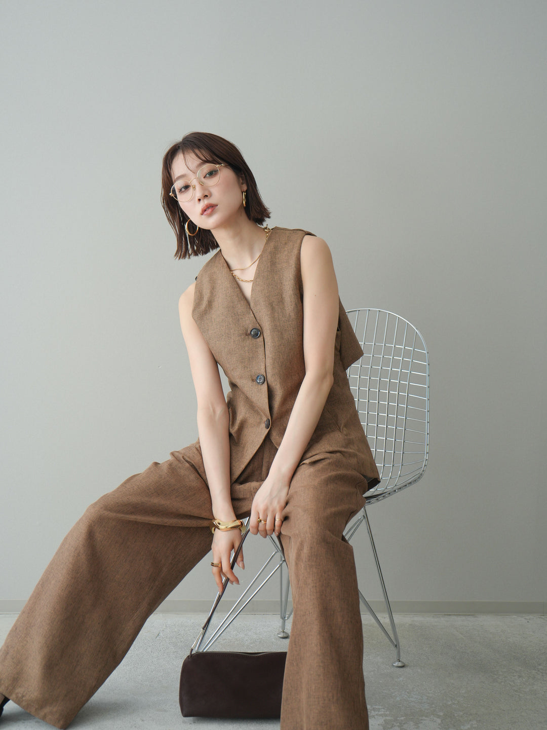 [SET]リネンライクバックオープンジレ+リネンライクタックワイドパンツ(2set)