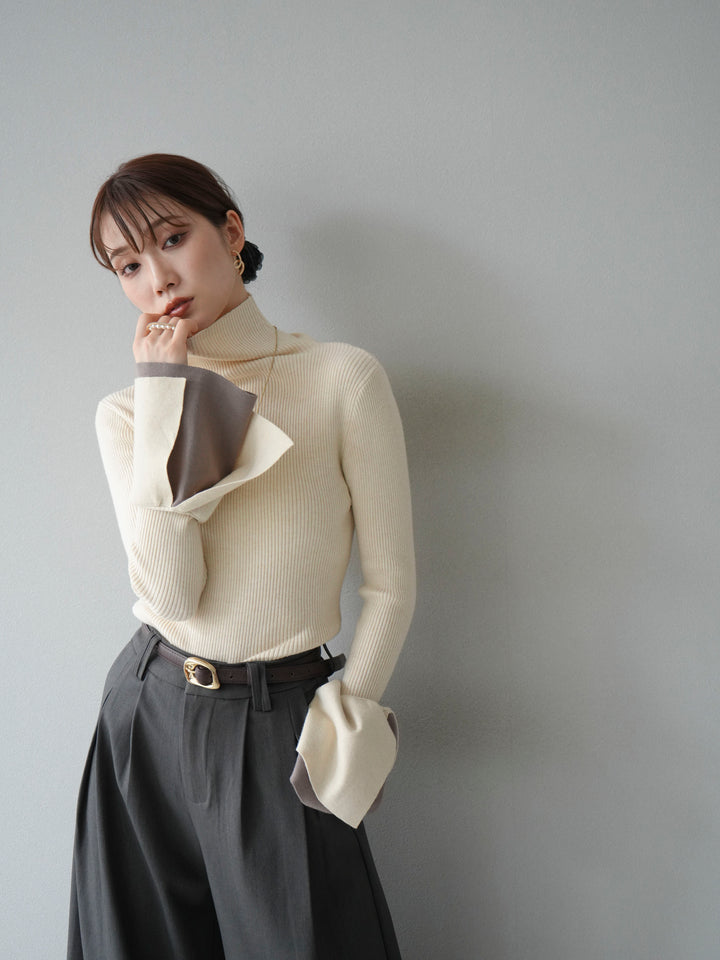 [SET] 疊層喇叭袖高領針織上衣 + 雙褶寬褲 (2 套)