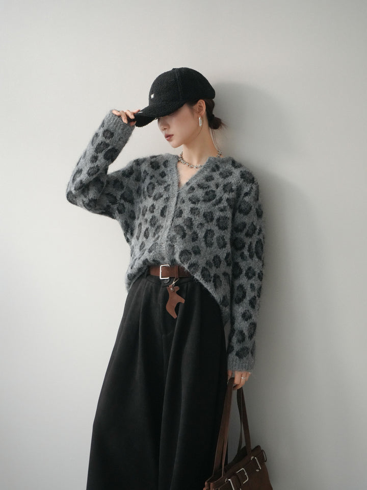 [予約]モヘアタッチレオパード柄ニットカーディガン/gray