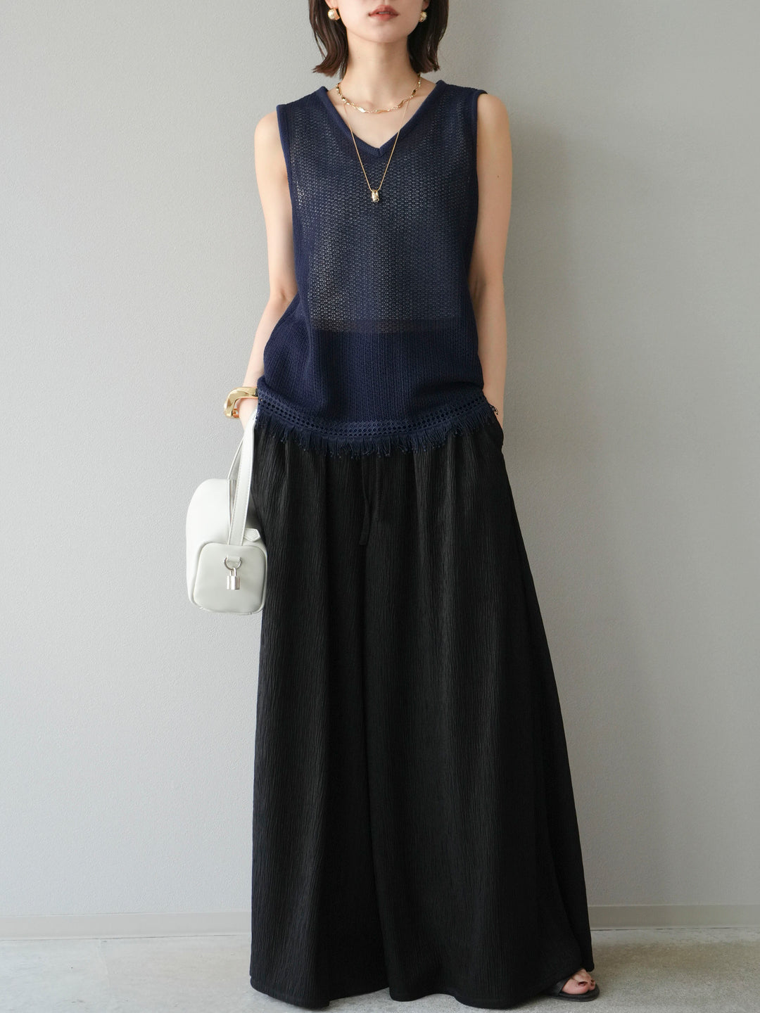[予約]裾フリンジVネックニットタンクトップアンサンブル/ネイビー