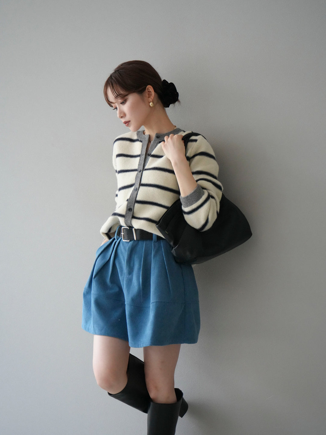 [予約]配色ボーダーニットカーディガン/apricot