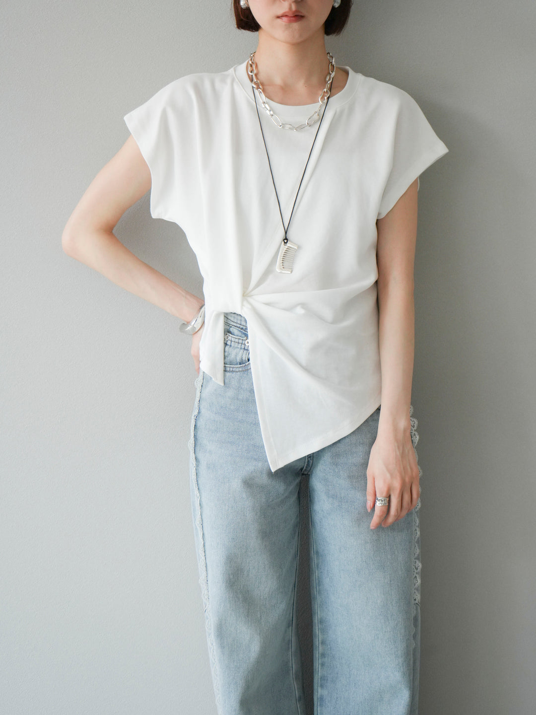 [予約]カシュクールTシャツ＆コームネックレスSET /ホワイト