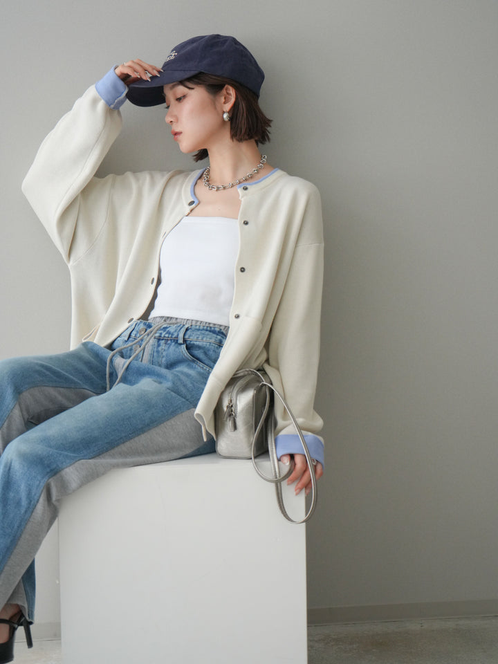 [SET]バイカラーオーバーニットカーディガン+デニム切替スウェットパンツ(2set)