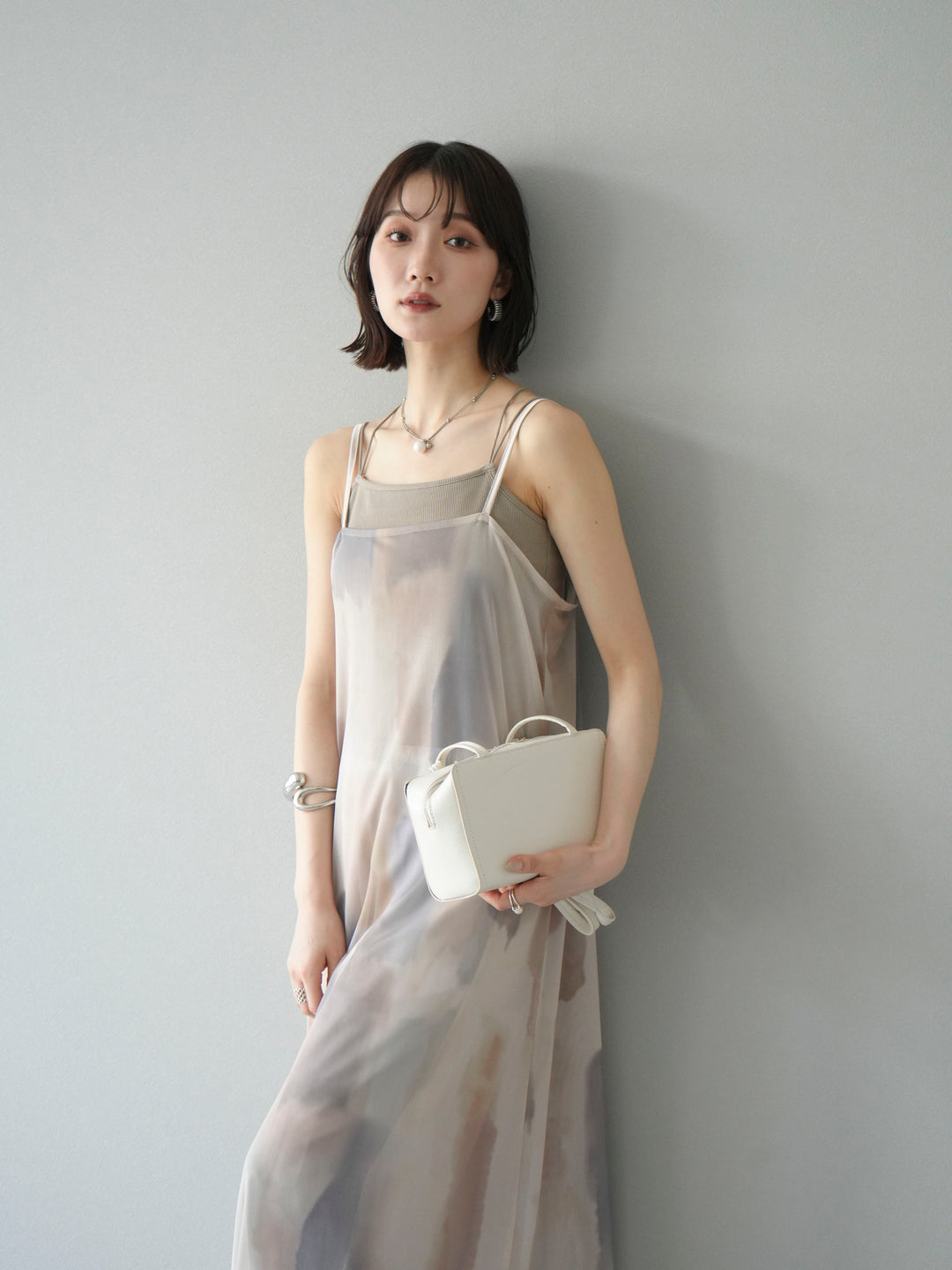 [SET]水彩アートシアーキャミワンピース+カップ付きバッククロスキャミソール(2set)