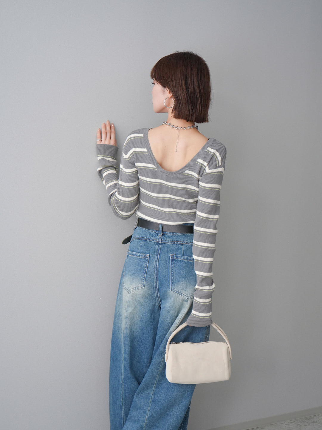 [予約]バックオープンテレコリブマルチボーダートップス/gray