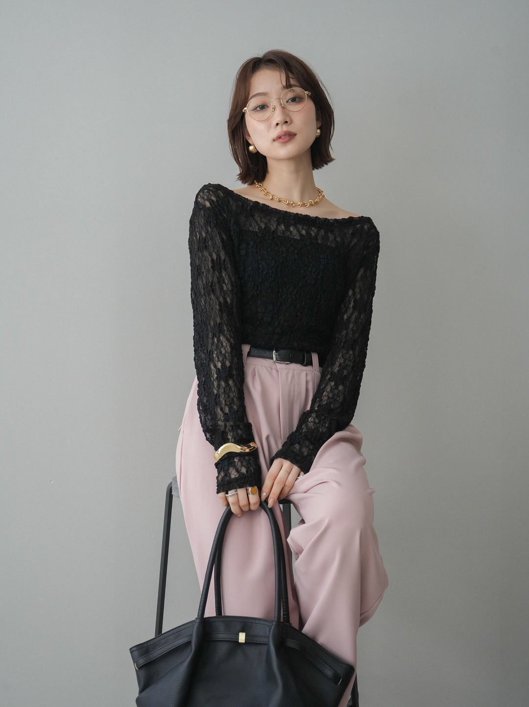 [SET]サイドギャザーレーストップス+サイドギャザーレーストップス(2set)