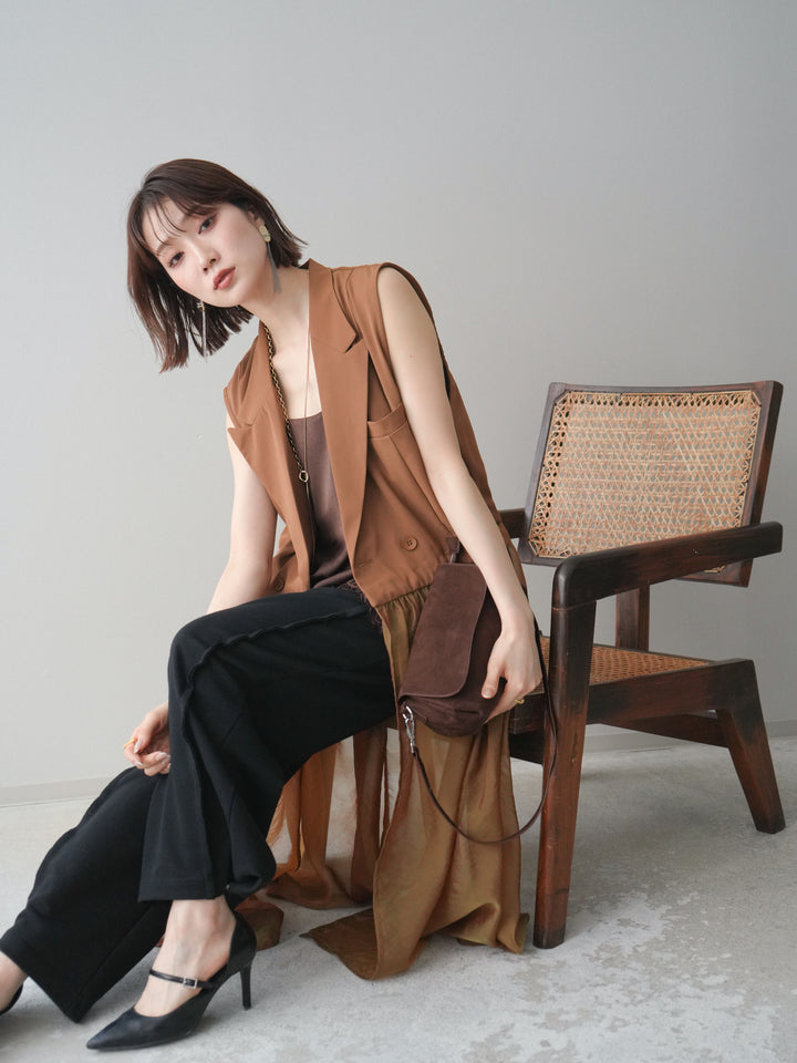 [SET]シアーレイヤードテーラードロングジレ+レーストリムキャミソール+2WAYデザインスウェットパンツ(3set)