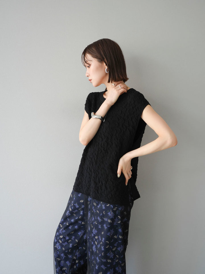 [SET]ポコポコノースリーブニットプルオーバー+コード刺繍チュールレイヤードパンツ(2set)