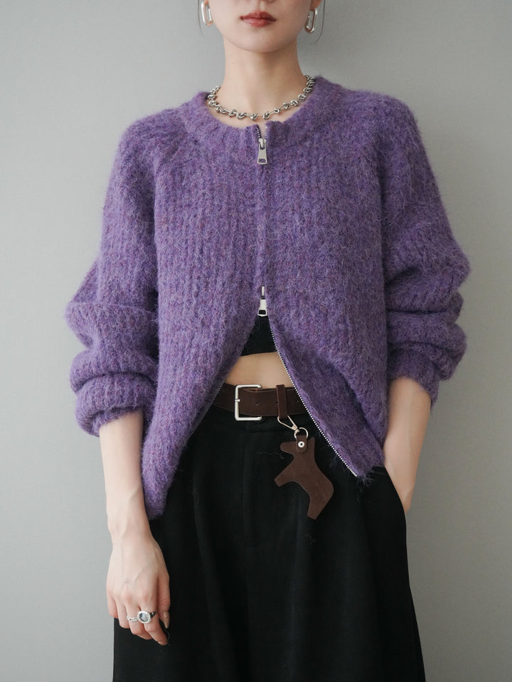[予約]MIXヤーンモヘアタッチZIPニットカーディガン/purple