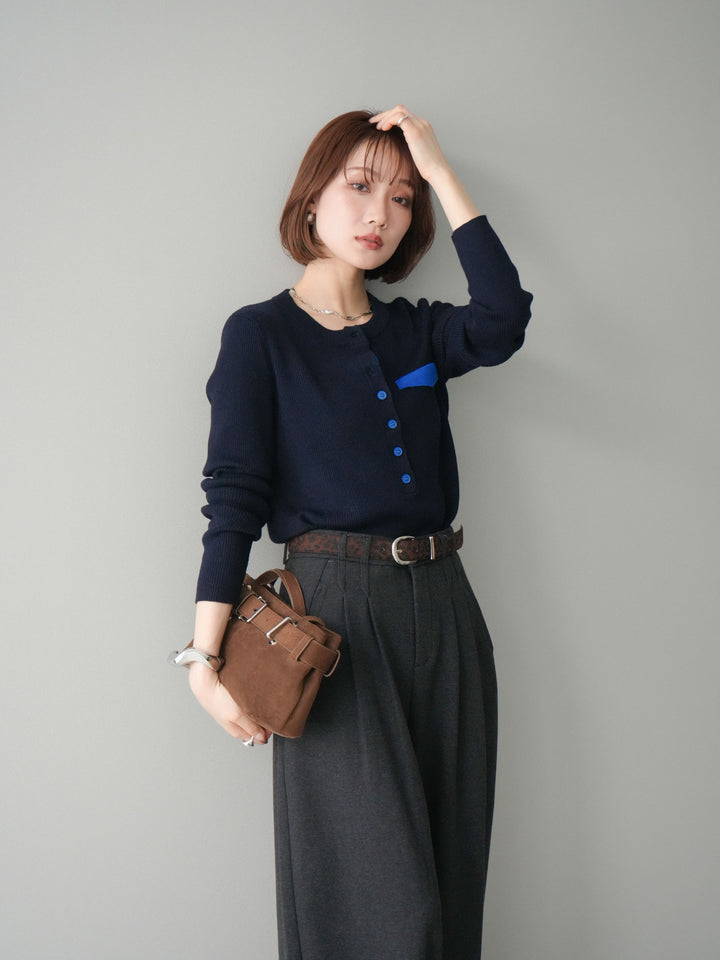 [予約]バイカラーデザインポケット配色ヘンリーネックニットソー/navy