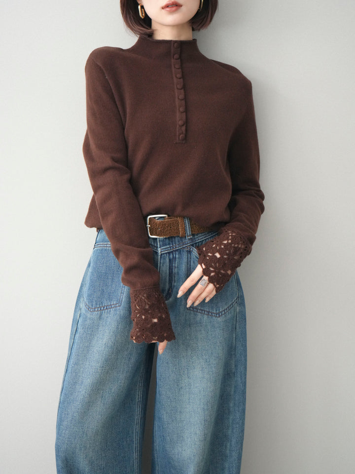 [予約]袖スカラップレースフロントボタンウールニットトップス/brown