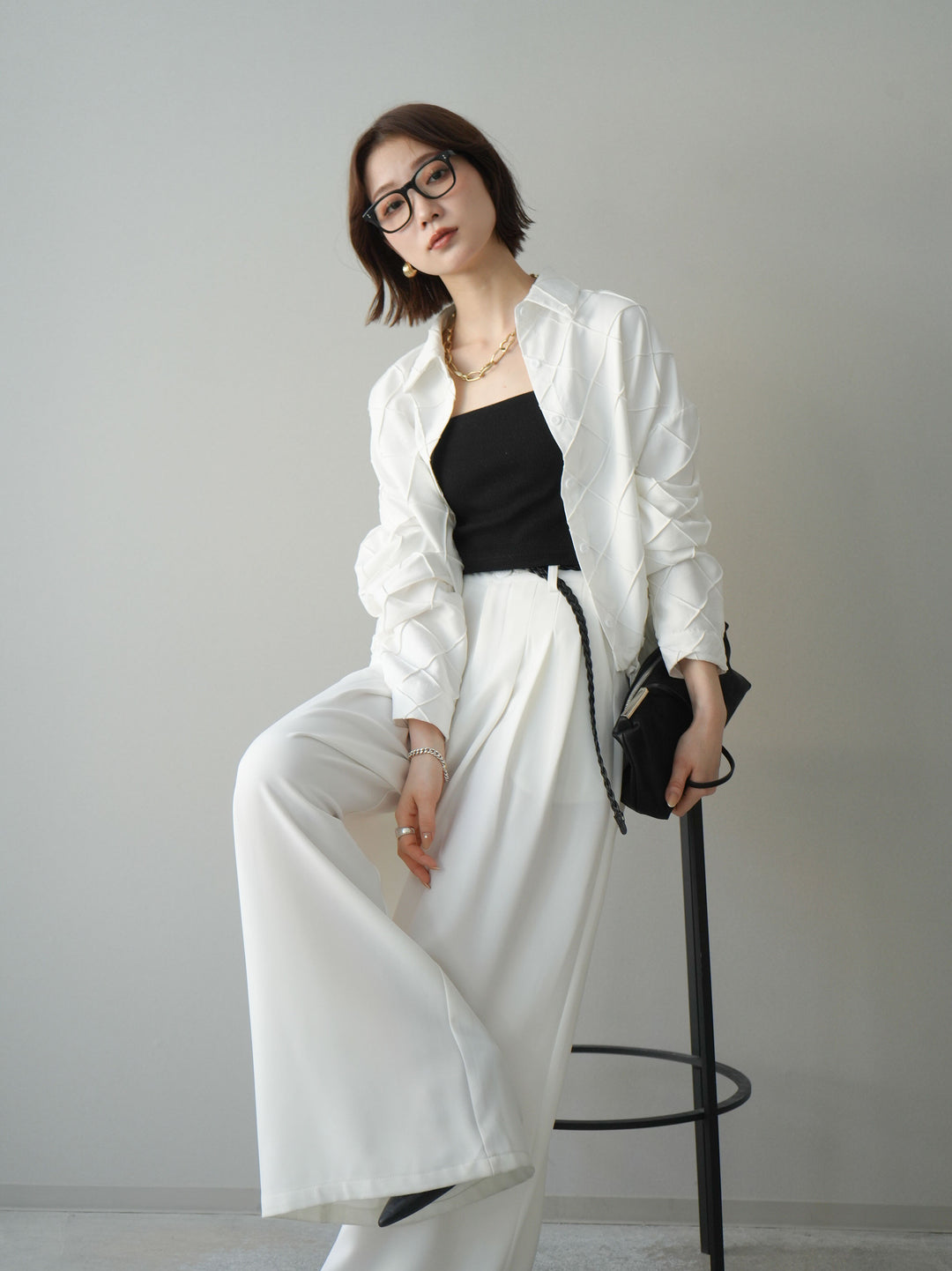 [SET]パイピングクロスデザインブラウス+編み込みベルト付タックワイドパンツ(2set)