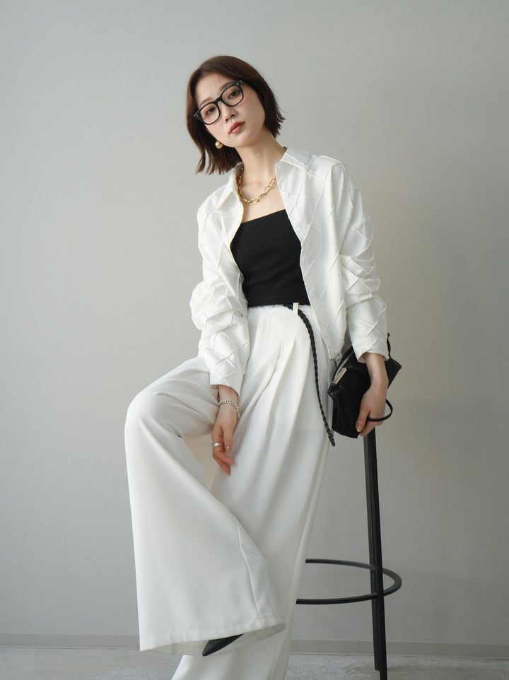 [SET]パイピングクロスデザインブラウス+編み込みベルト付タックワイドパンツ(2set)