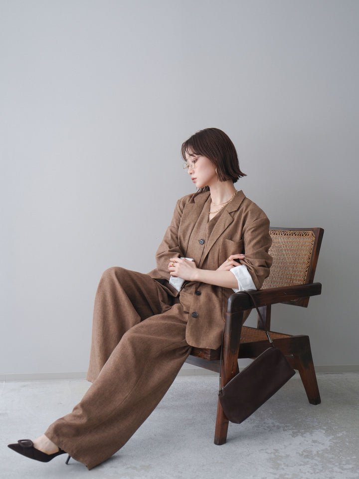 [SET]リネンライクテーラードジャケット+リネンライクバックオープンジレ+リネンライクタックワイドパンツ(3set)