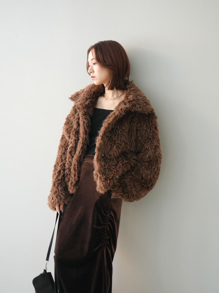 [SET]フェイクファー襟付きショートブルゾン+ギャザーベロアスカート(2set)