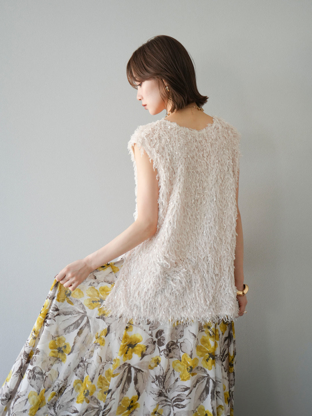 【預訂】流蘇V領背心/象牙色