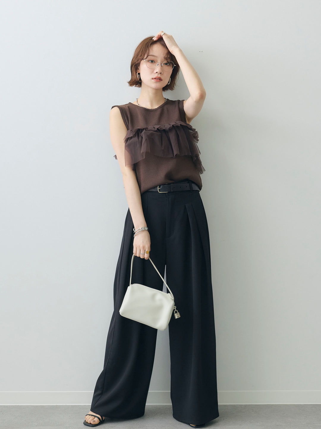 [SET]チュールフリルニットノースリトップス+クレープデシンタックワイドパンツ(2set)