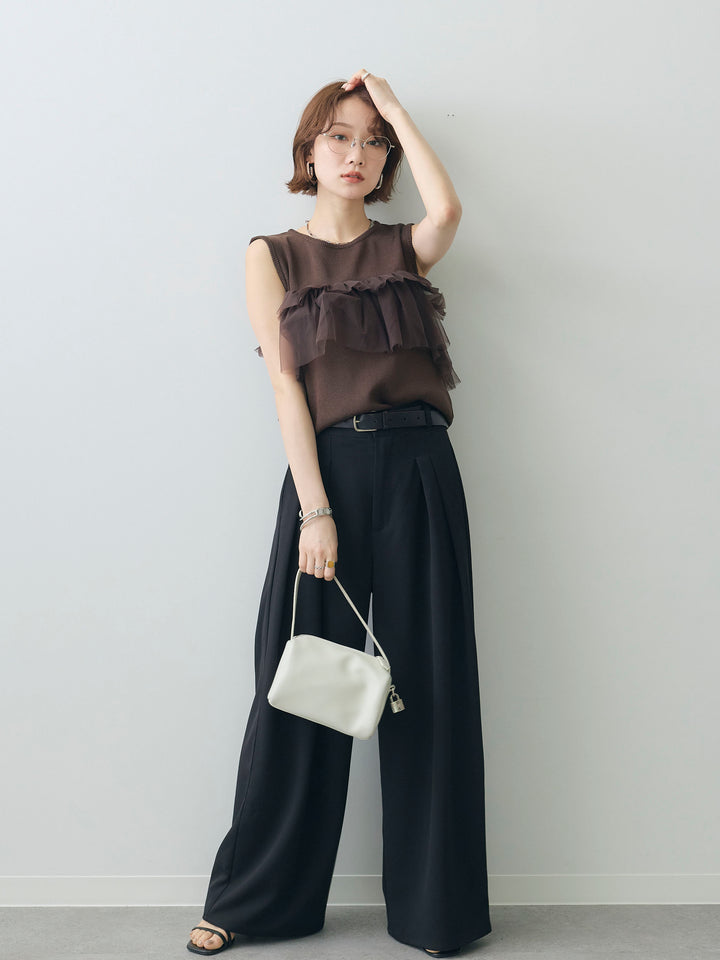 [SET]チュールフリルニットノースリトップス+クレープデシンタックワイドパンツ(2set)