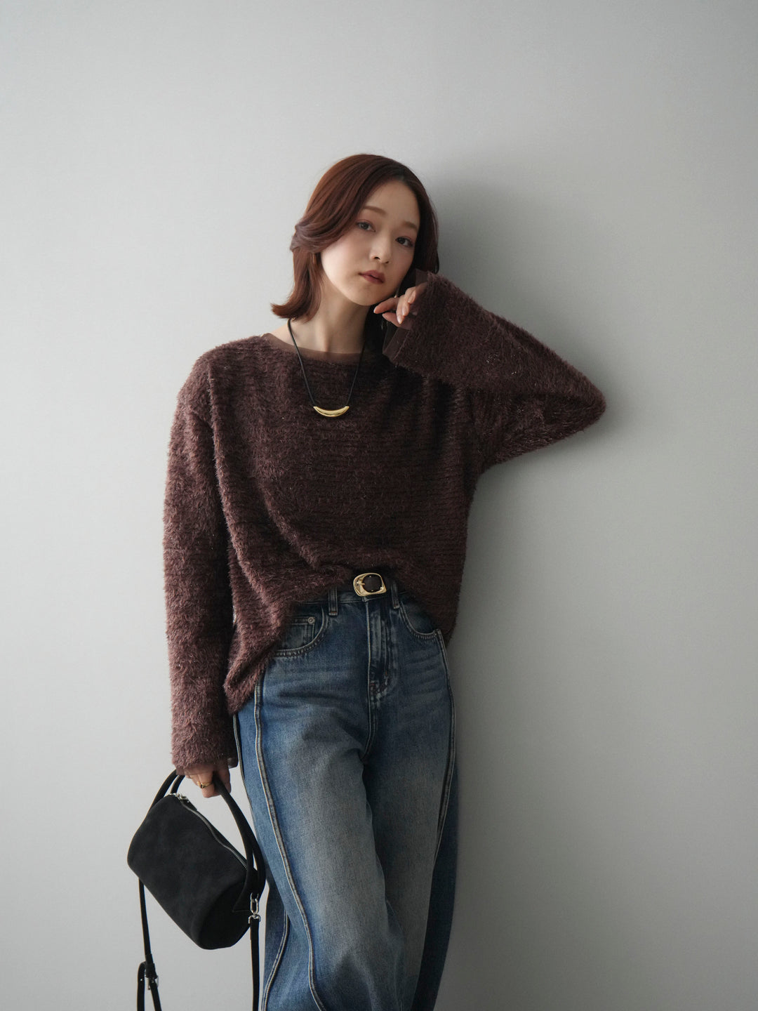 [SET]ラメシャギートップス+サイド切替カーブデニムパンツ(2set)