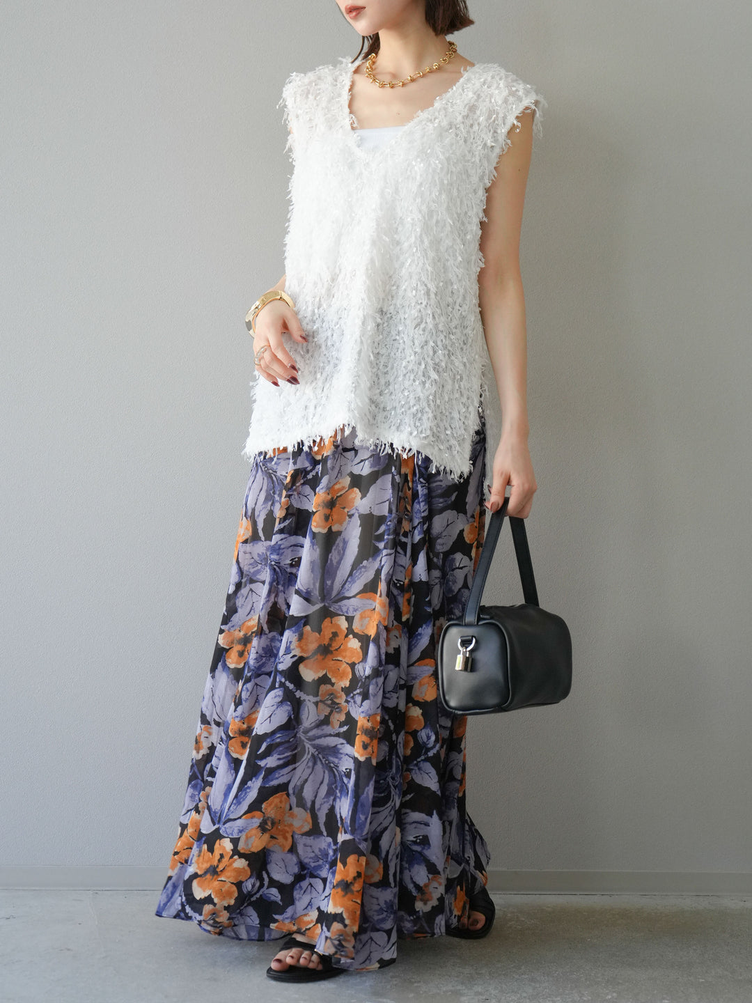 [予約]フラワープリントボリュームフレアスカート/ブラック