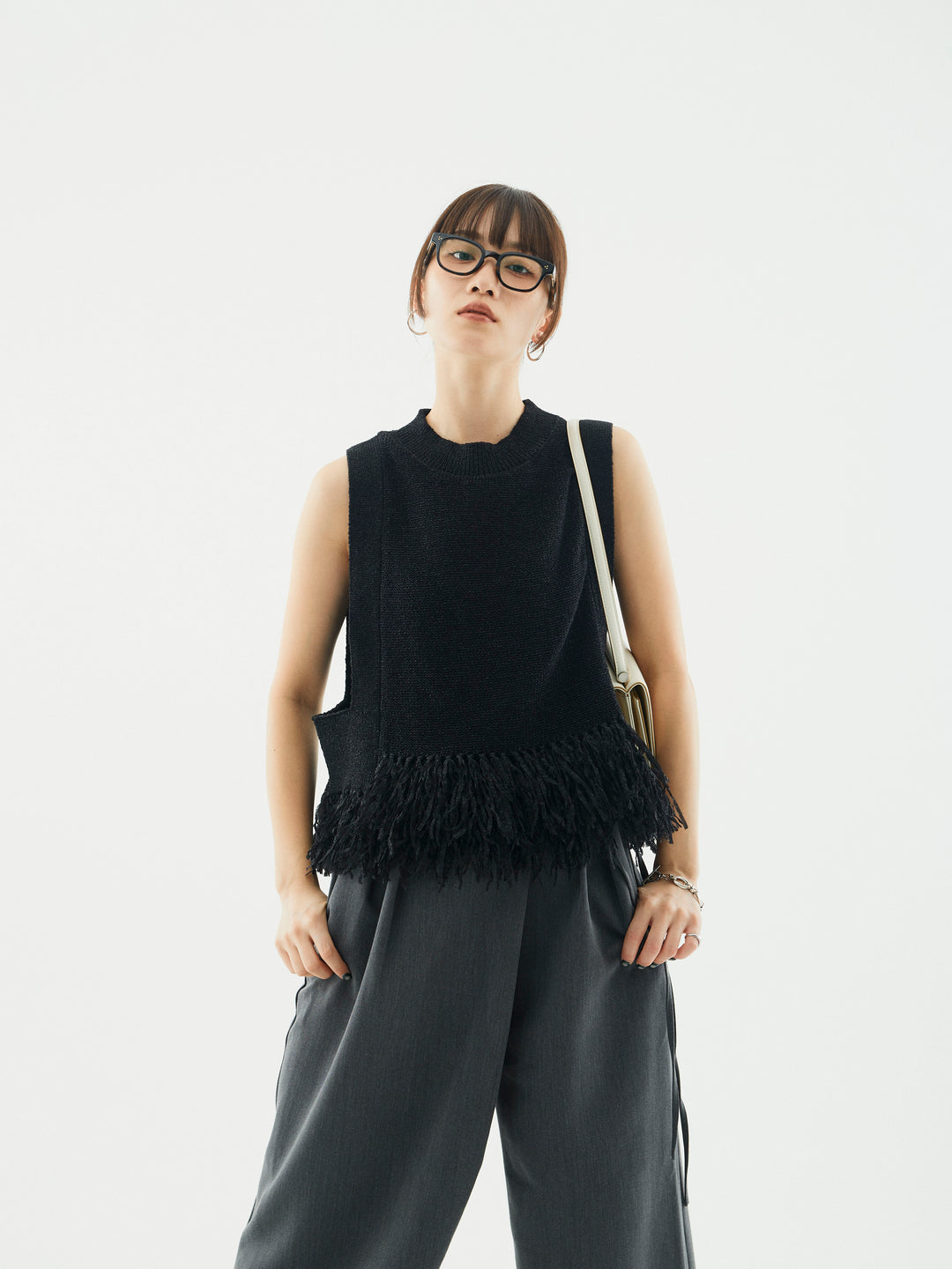 【Allure】[SET]フェザーヤーンニットベスト+ラップデザインタックワイドパンツ(2set)